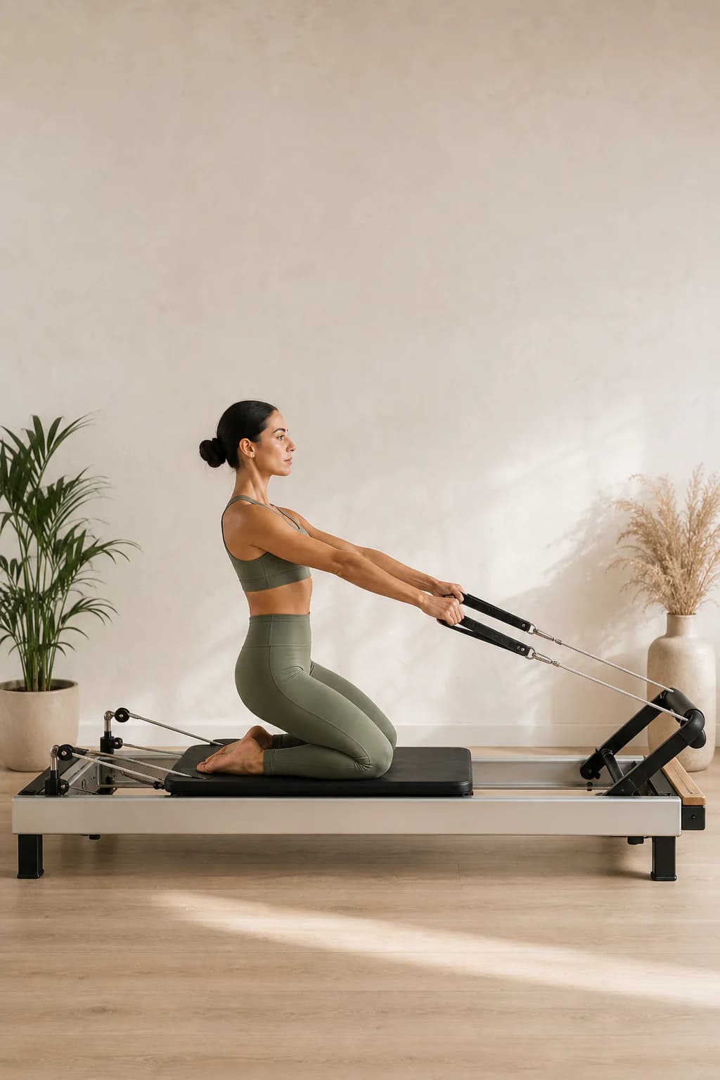 Mujer practicando un ejercicio guiado de Pilates Reformer en un espacio sereno