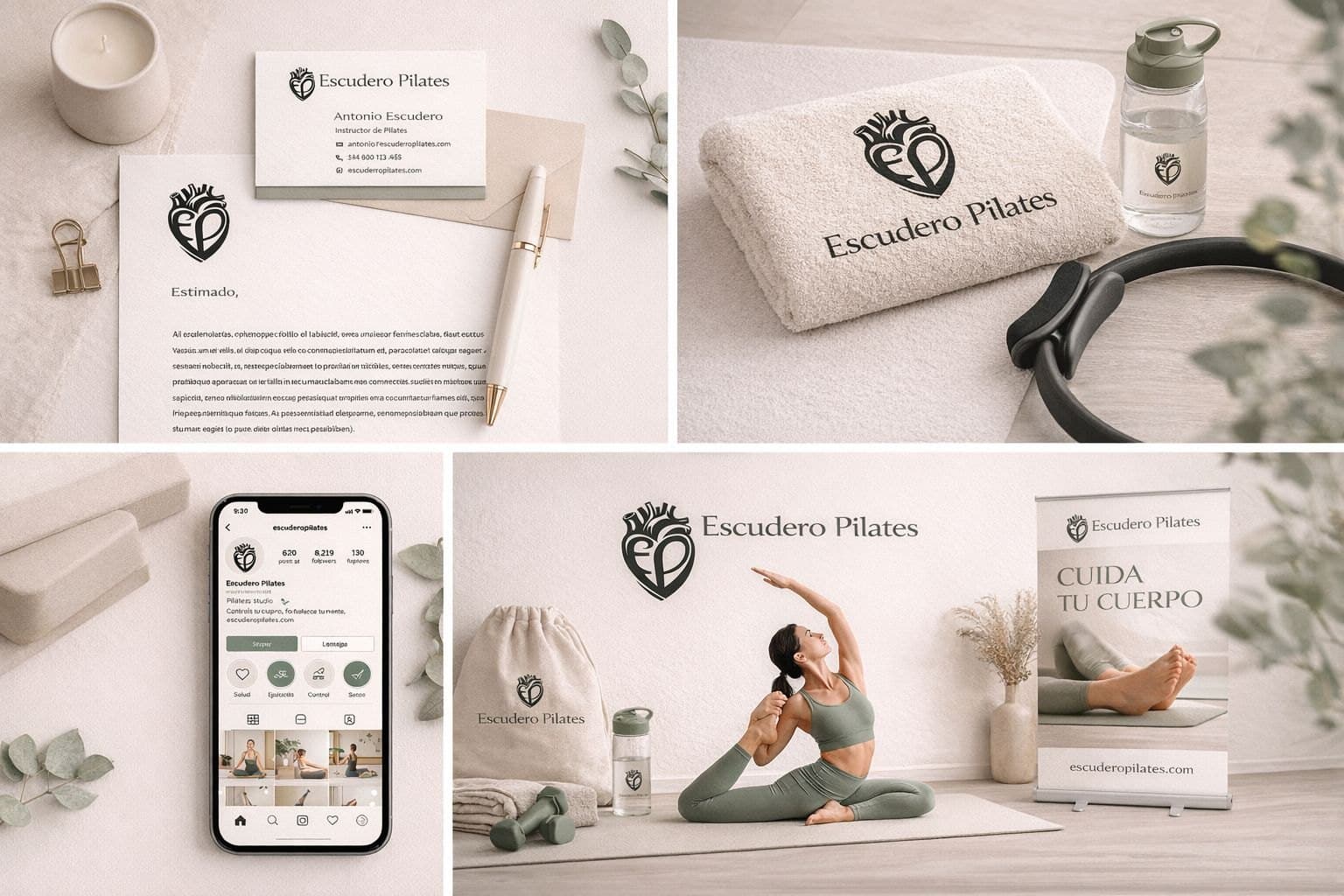 Recorte de una composición visual de la marca Escudero Pilates con una toalla, una botella y material de entrenamiento
