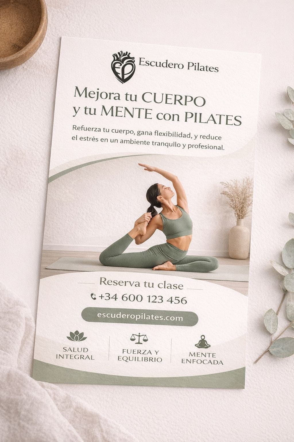 Maqueta editorial de Escudero Pilates con una práctica de movilidad sobre esterilla